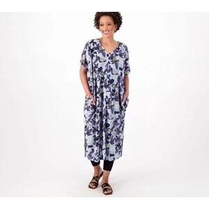 LOGO‎ Lori Goldstein Swim Cover Up Kaftan Dress L Blue Floral Beach to Street